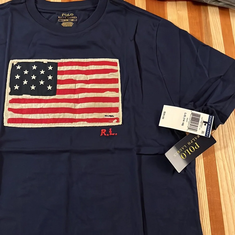 Polo Shirt Navy NEW Large (14-16) with Flag - Picture 3 of 9